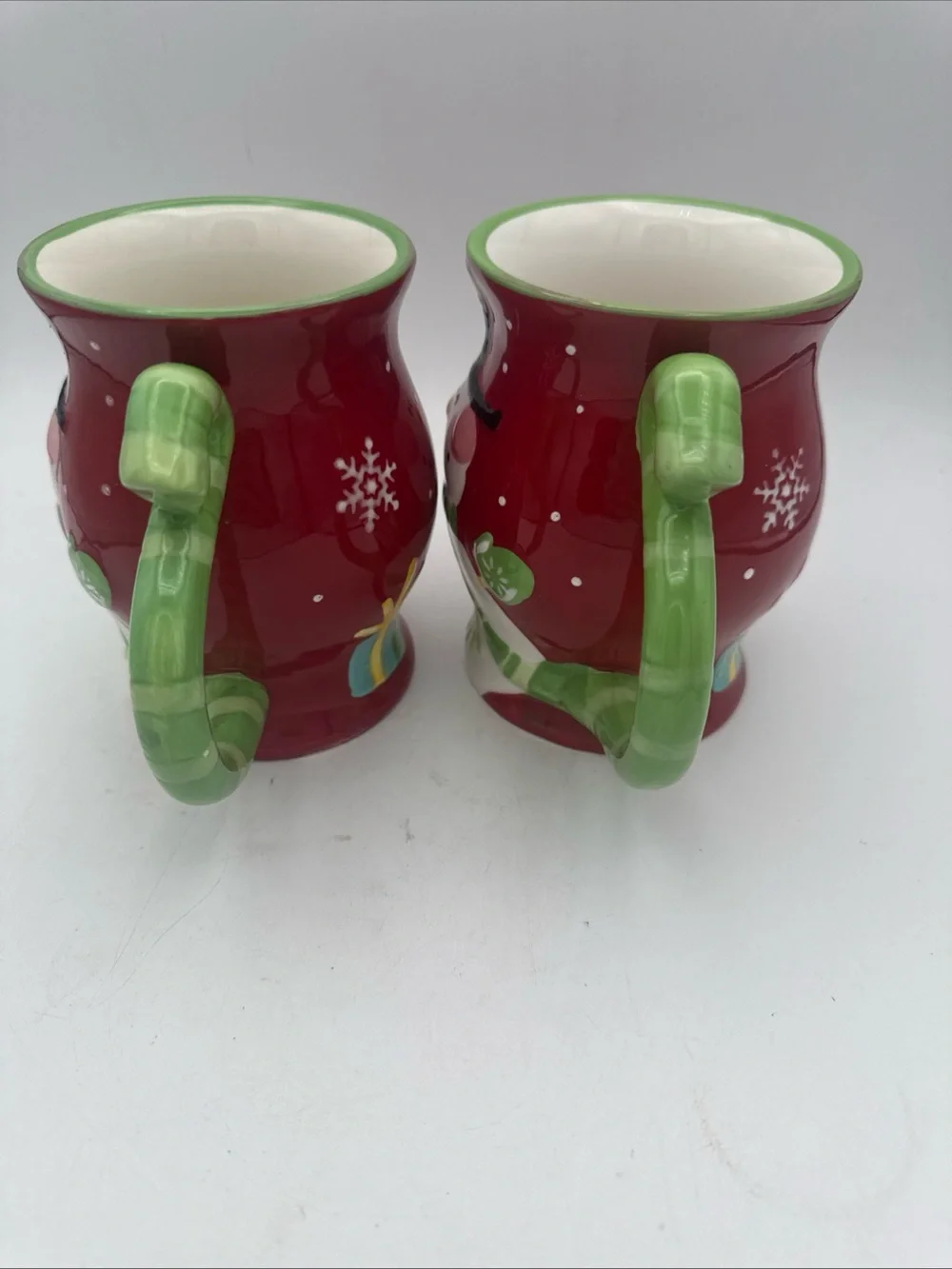 Set of 2 Pier 1 Imports handpainted Snowflake Snowman coffee Cocoa Mug